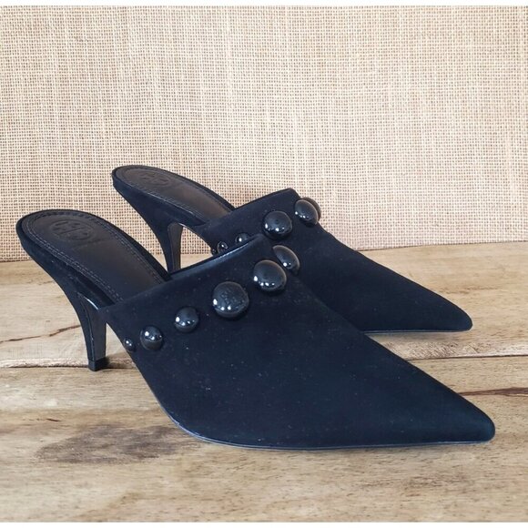 NWT Tory Burch Black Suede Georgina Stud Kitten Heel Mule Sandal Size 8.5 - Picture 3 of 14